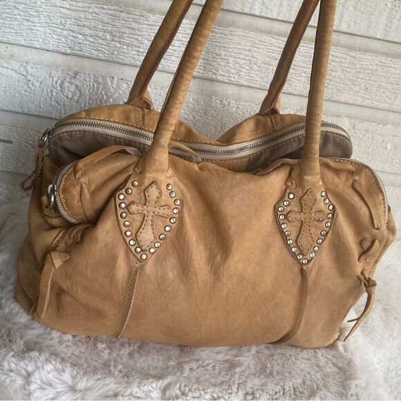 LUCKY BRAND Tan Y2K Chrome Cross Leather Hobo Bag with Embroidered Details - Picture 2 of 12